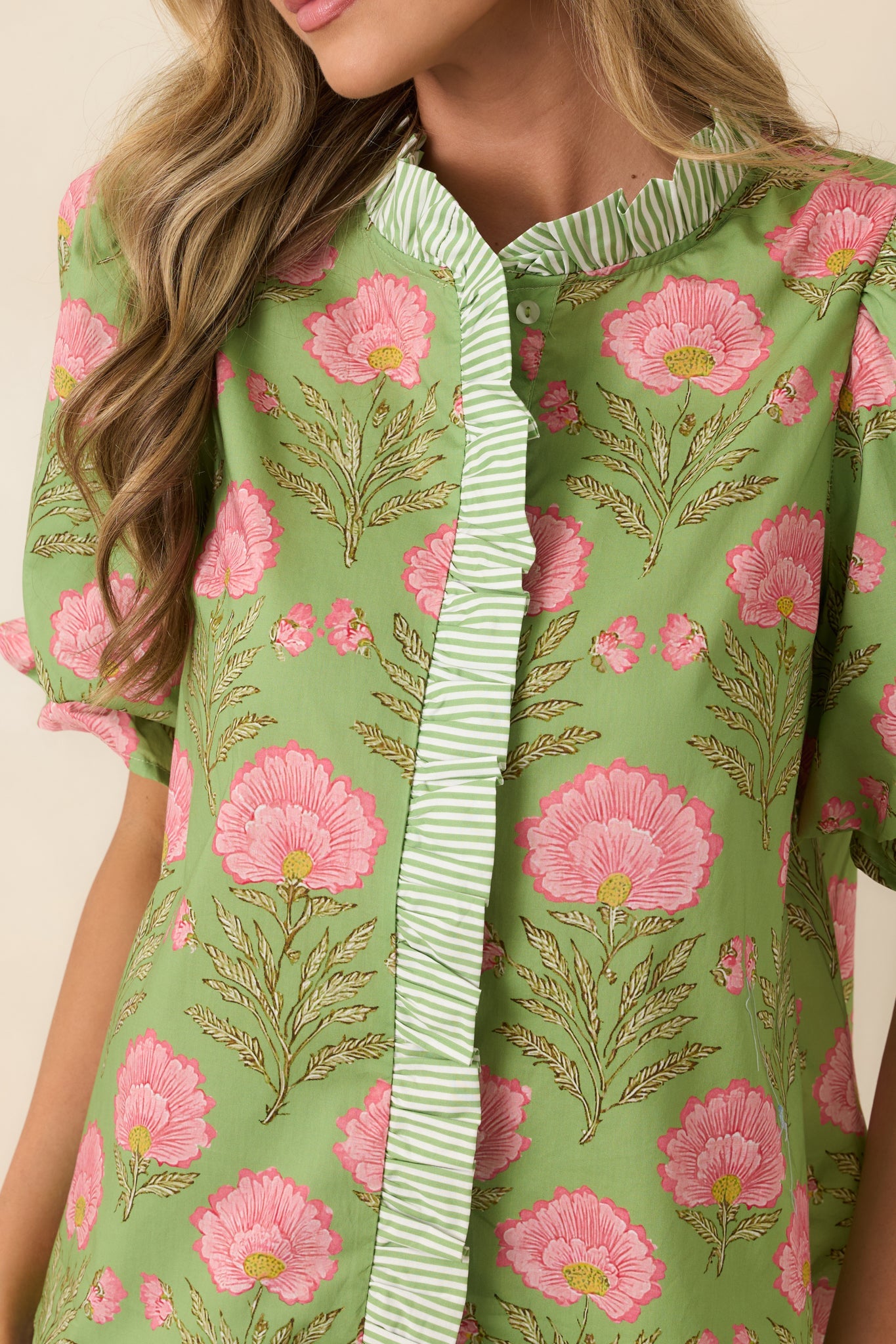 Meadow Morning Green & Pink Floral Print Puff Sleeve Top