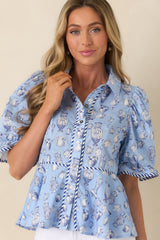 Artful Moment Blue Toile Print Cotton Puff Sleeve Blouse