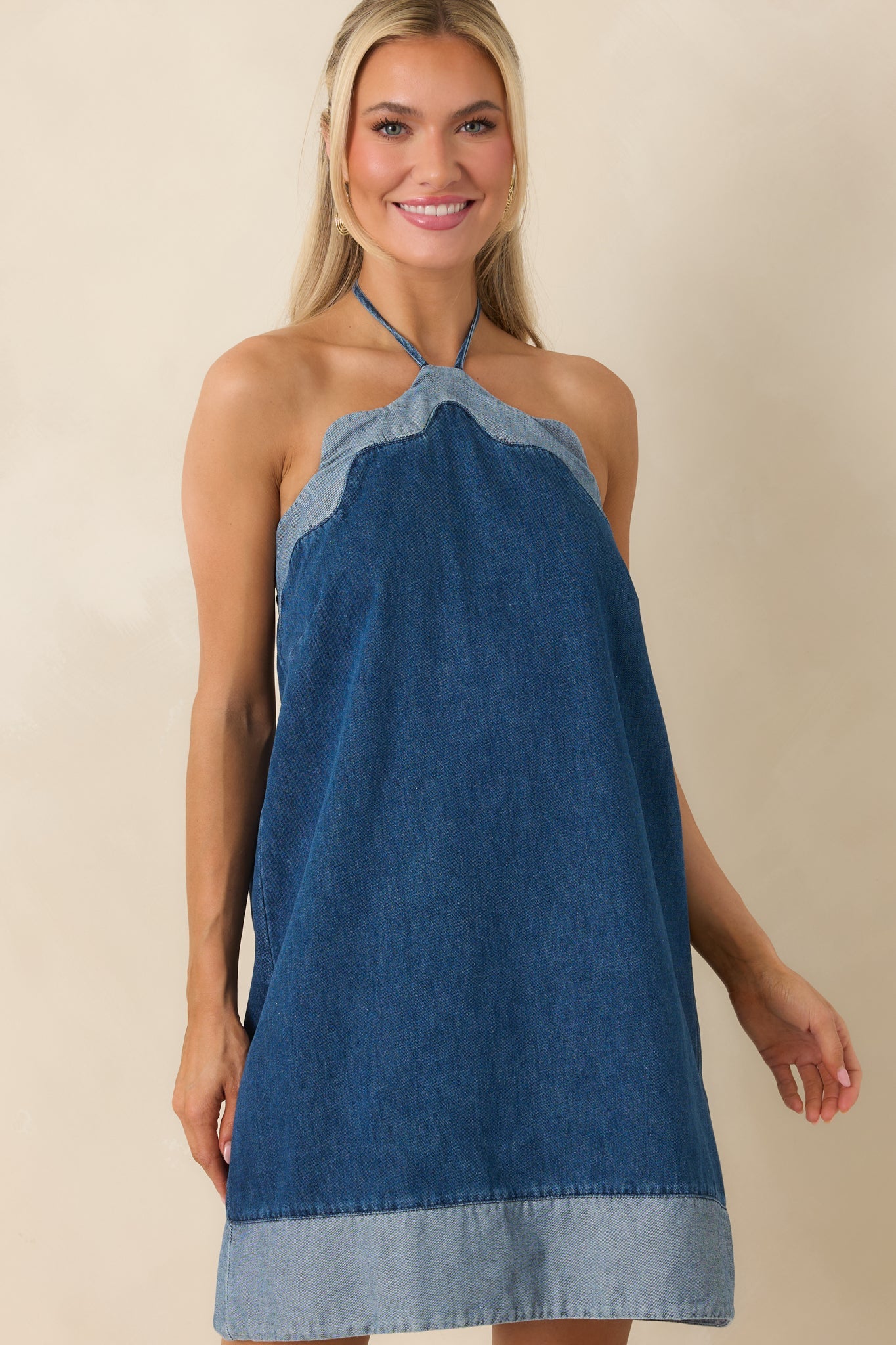 Off the Edge Light Indigo Cotton Denim Halter Mini Dress