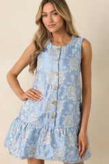 Something About Her Blue Metallic Floral Jacquard Button Front Mini Dress