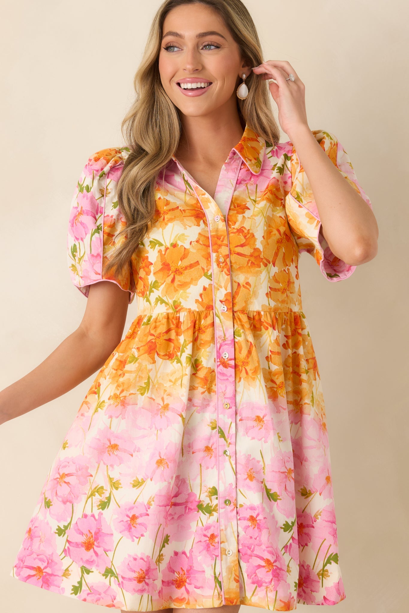Pick Me, Please Orange & Pink Floral Cotton Puff Sleeve Mini Dress