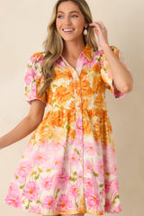 Pick Me, Please Orange & Pink Floral Cotton Puff Sleeve Mini Dress
