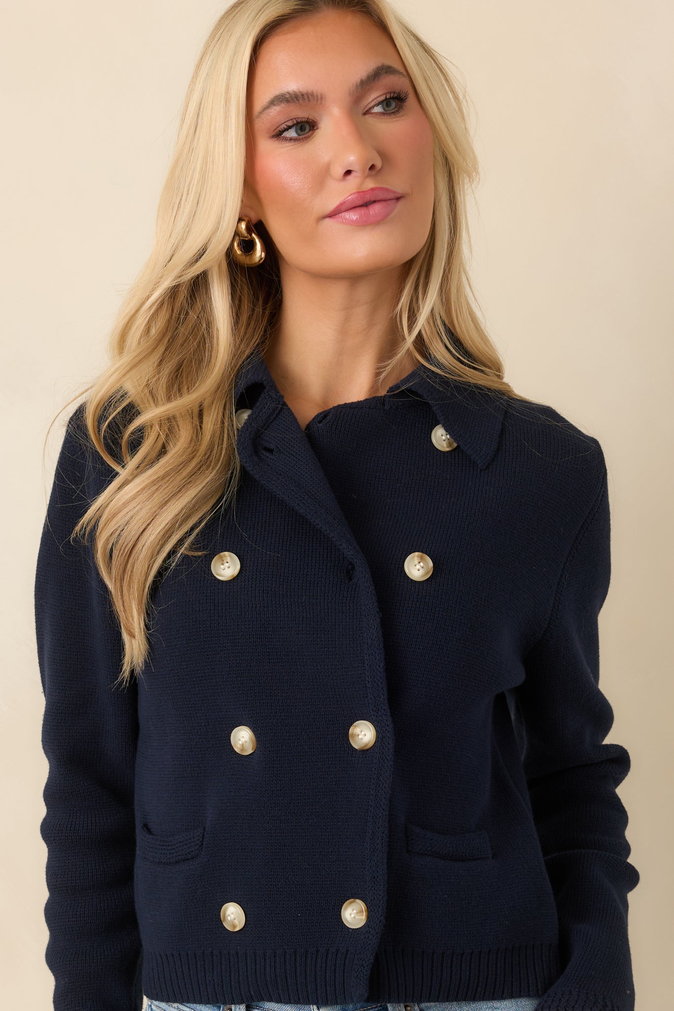 Well Kept Secrets Navy Knit Cotton Double Breasted Cardigan