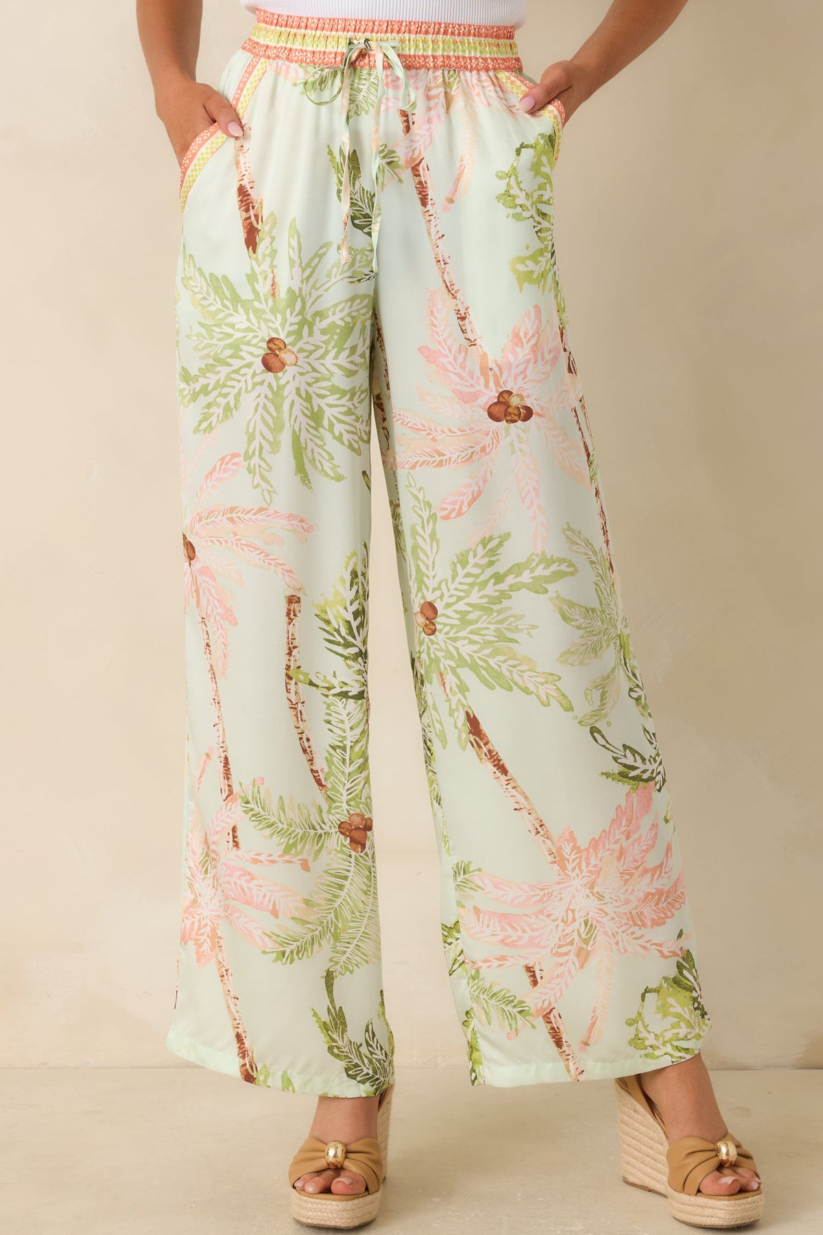Palm Breeze Seafoam Green Palm Print Drawstring Pants