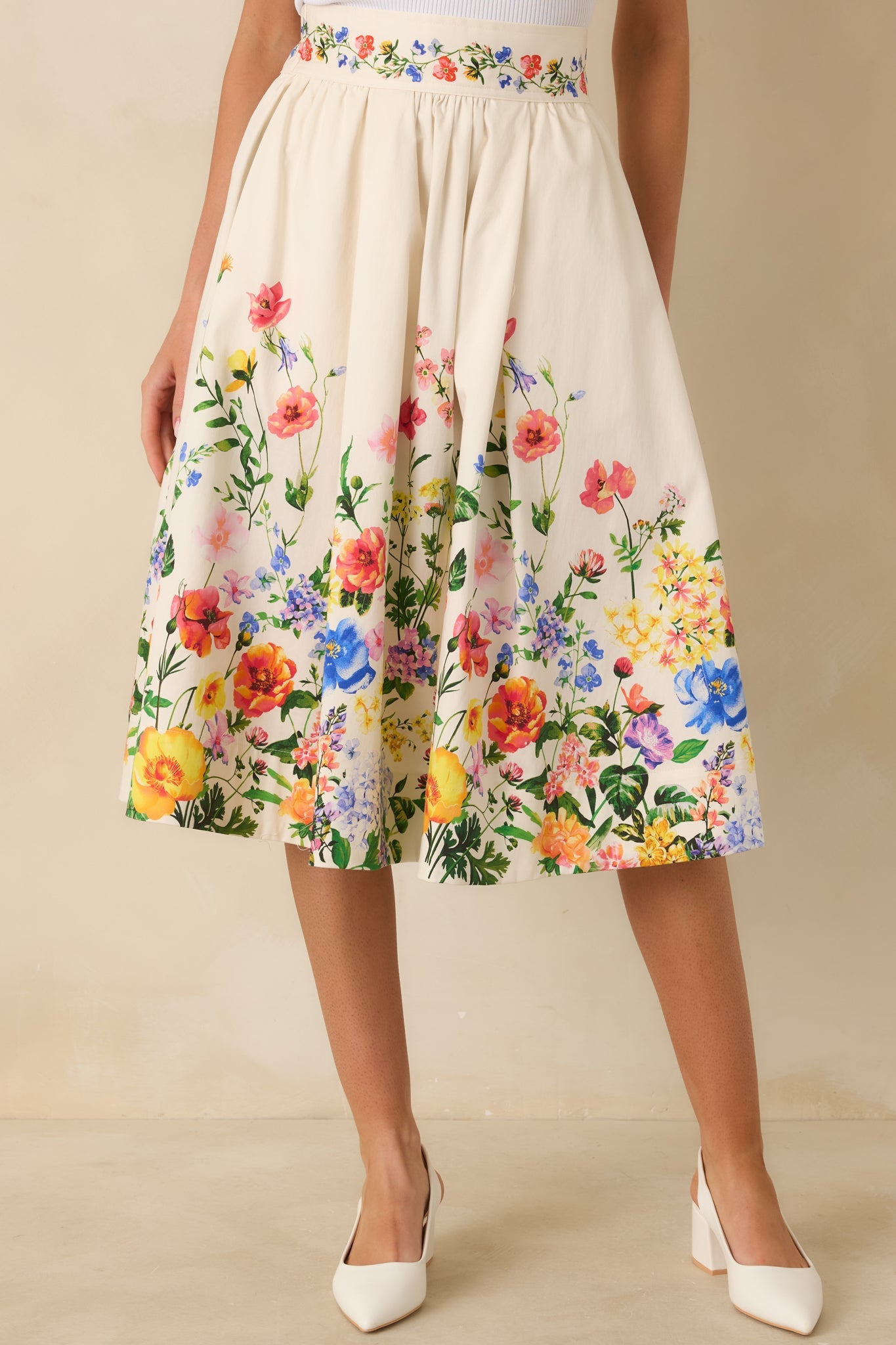 A Beautiful Arrangement Ivory Multi Floral Cotton Midi Skirt
