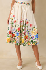 A Beautiful Arrangement Ivory Multi Floral Cotton Midi Skirt