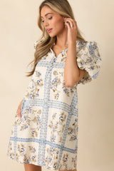 Garden Lattice Ivory Multi Cotton Floral Tile Print Mini Dress