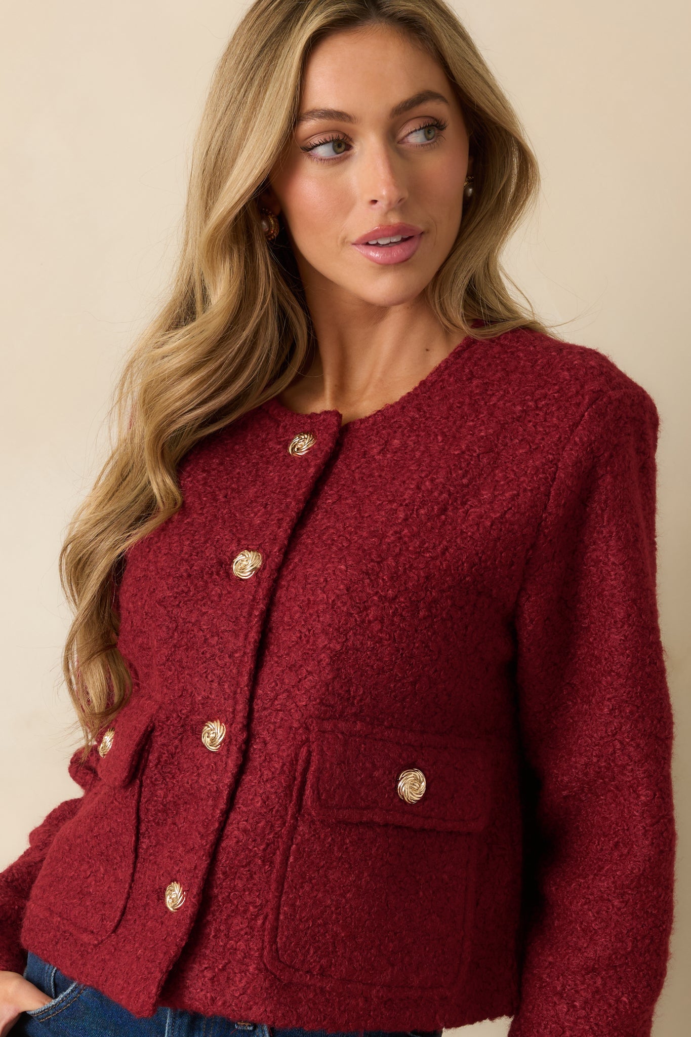 Whispered Warmth Cherry Red Bouclé Button Front Jacket