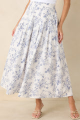 Once Upon a Daydream Blue & Ivory Floral Toile Cotton Maxi Skirt