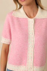 Clubhouse Chic Pink & Ivory Contrast Trim Button-Front Knit Polo Cardigan
