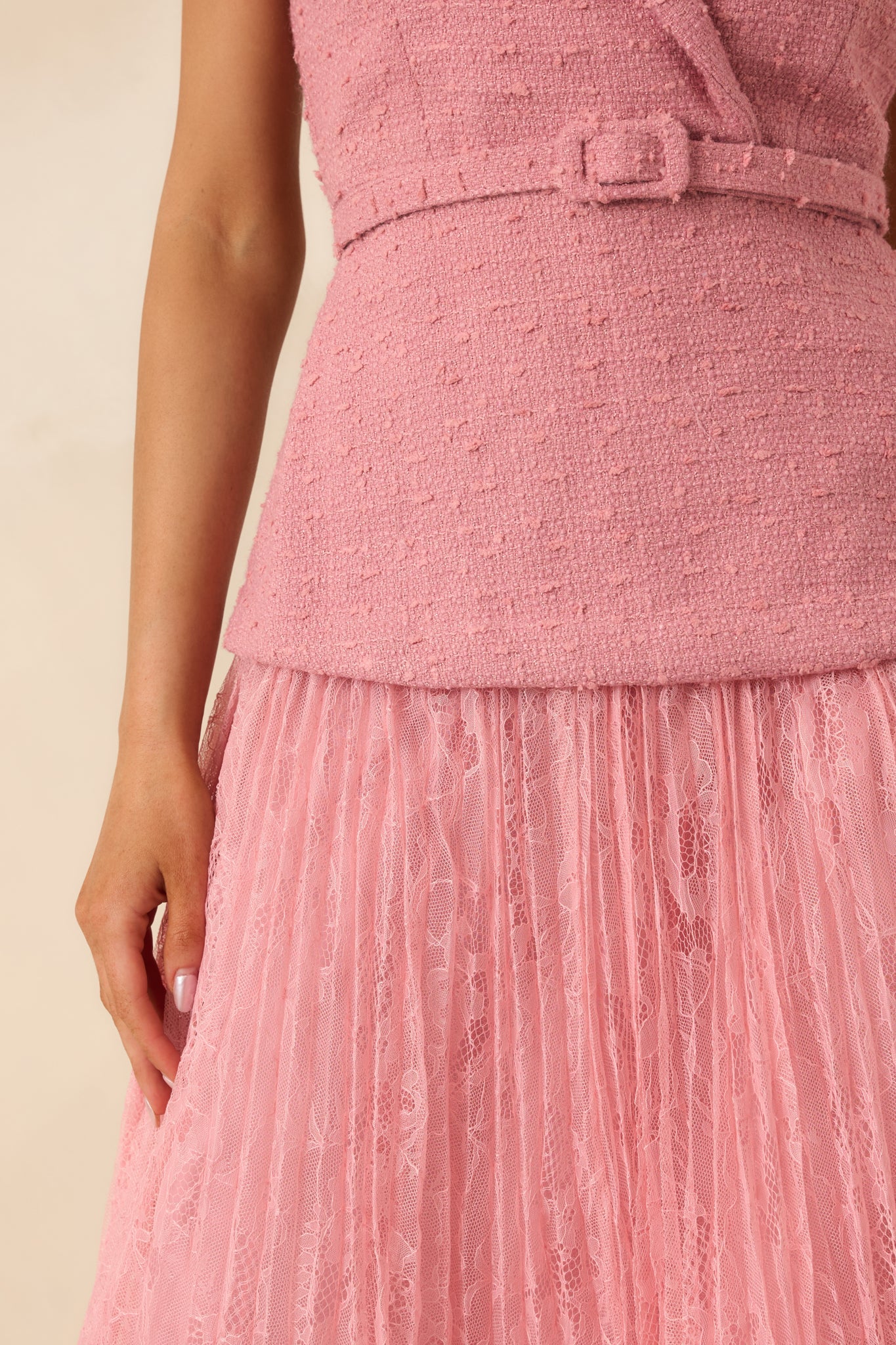 Caught You Smiling Rose Pink Textured Woven Belted Lace Midi Dress