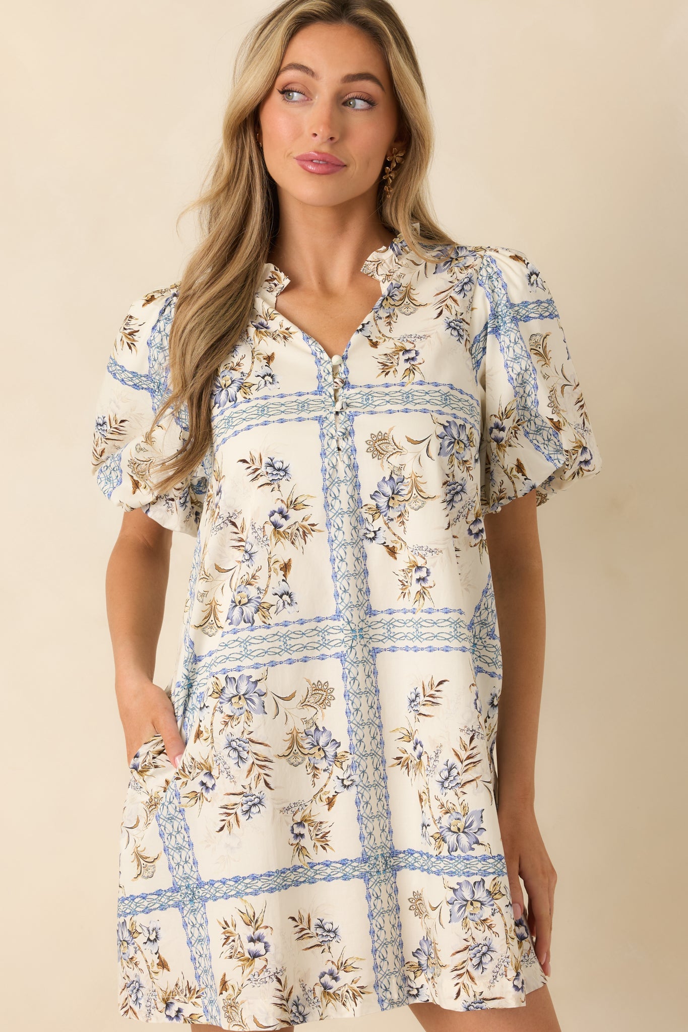 Garden Lattice Ivory Multi Cotton Floral Tile Print Mini Dress
