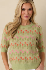 Blushing Meadow Light Green Multi Floral Knit Sweater