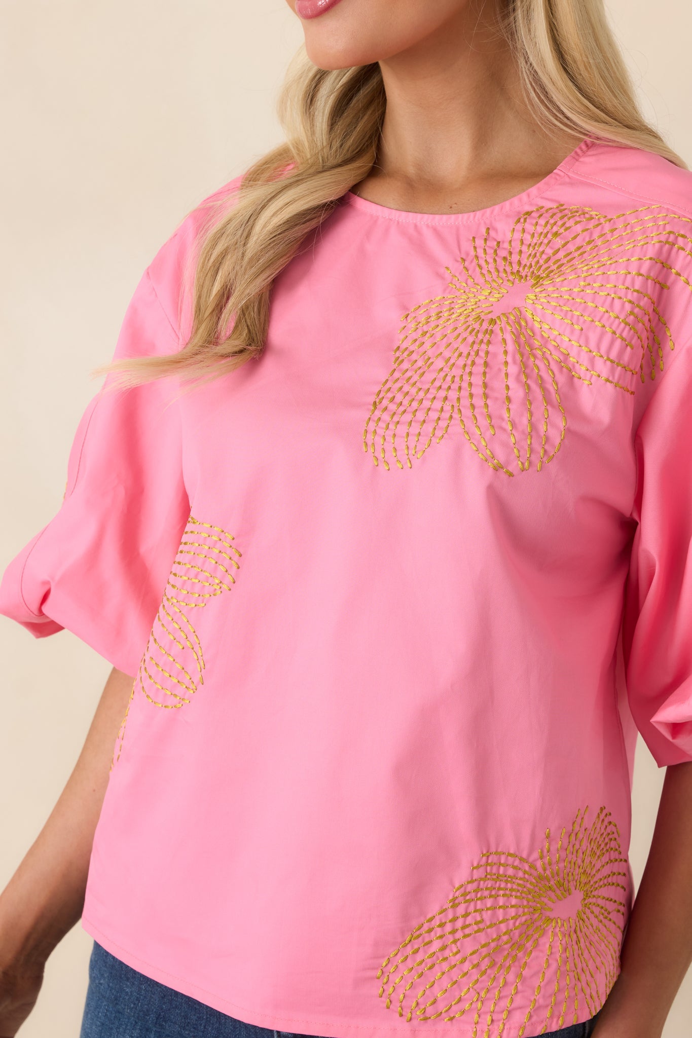Pop of Play Pink Contrast Embroidered Cotton Top