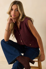 What You Came For Wine Red Ribbed Knit Button Up Sweater Vest