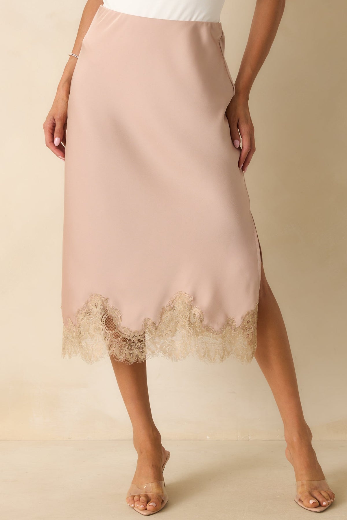 Just Call Me Later Dusty Pink Satin Lace Trim Midi Skirt