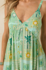 Sunlit Getaway Green Multi Tropical Sleeveless Maxi Dress