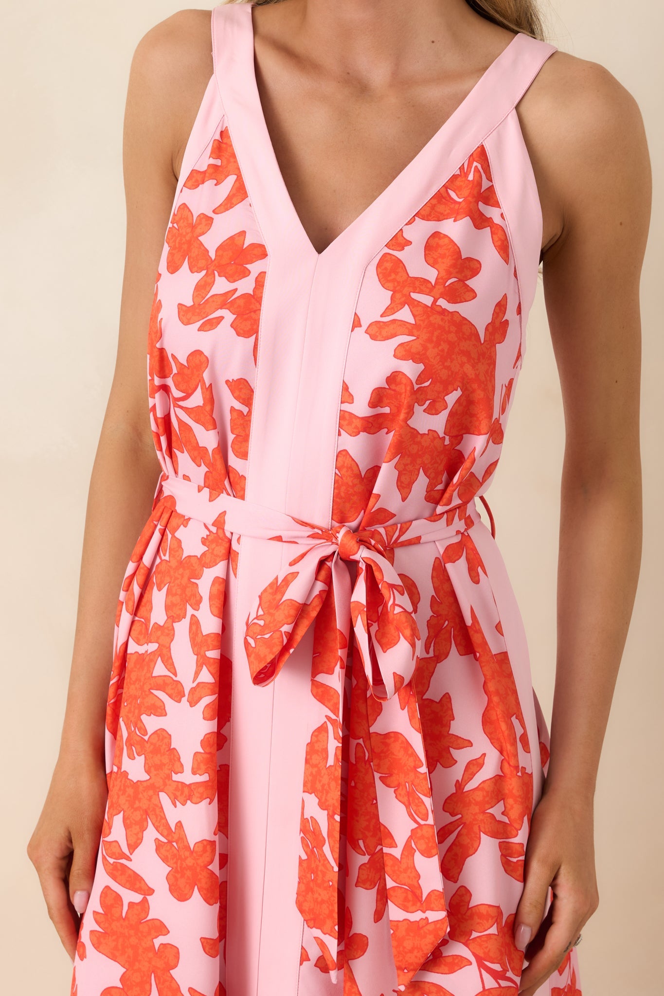 Living For It Orange & Light Pink Floral V-Neck Tie Belt Dress