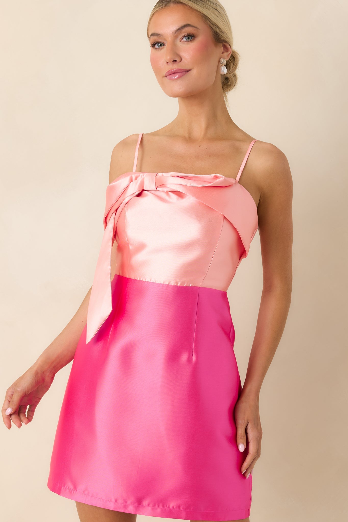 She Is The Moment Magenta Pink Satin Bow Front Mini Dress
