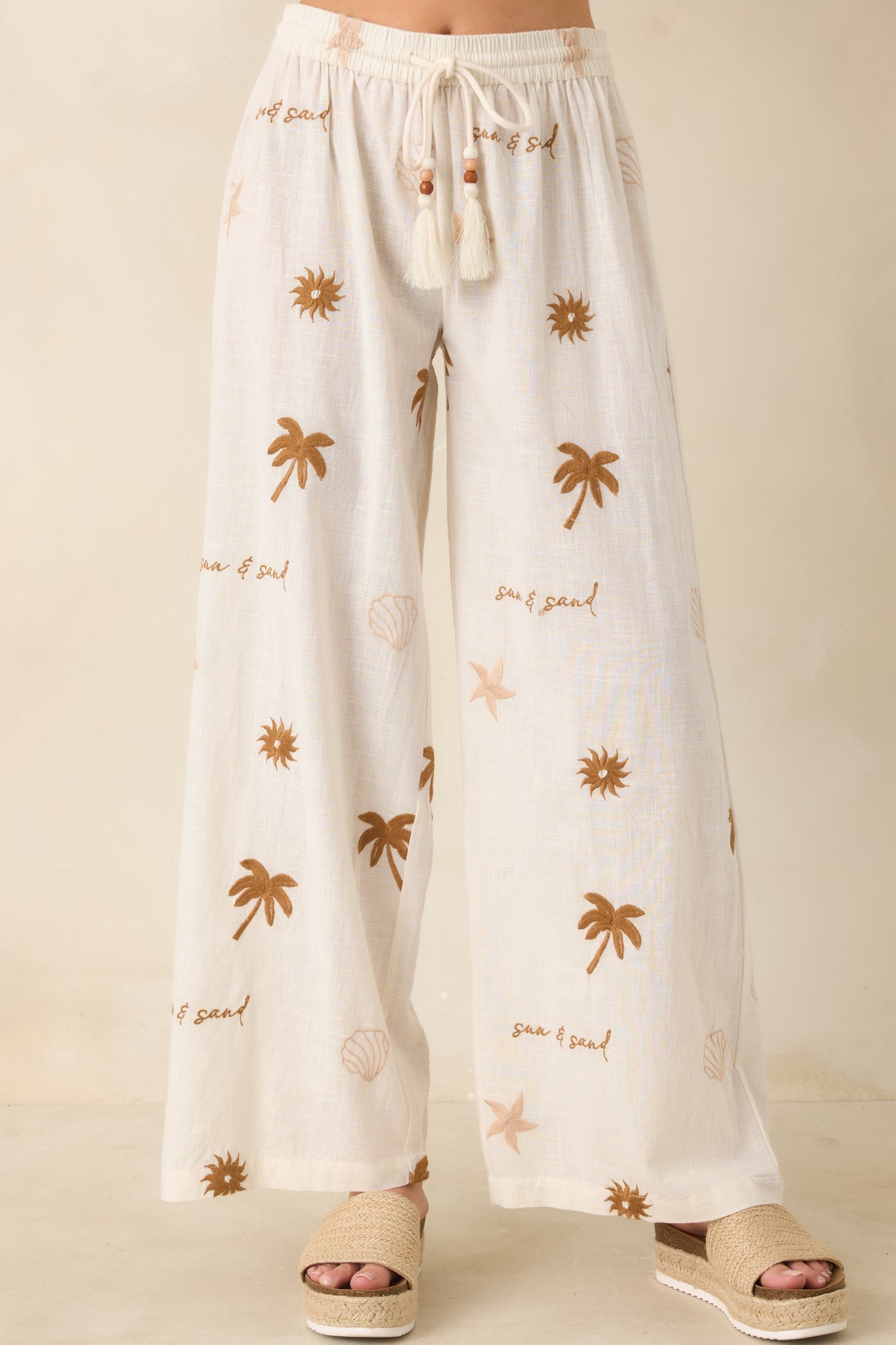 Driftwood Days Light Beige Cotton Coastal Embroidered Wide Leg Pants