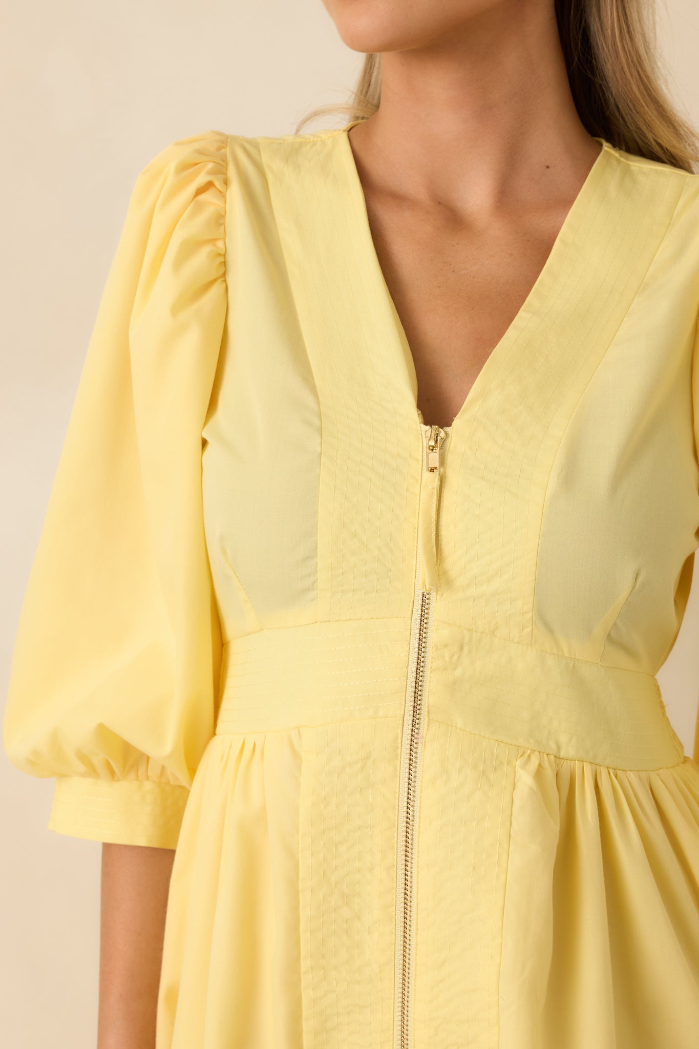 To Be Fair Daffodil Yellow Blouson Sleeve Zip Up Midi Dress