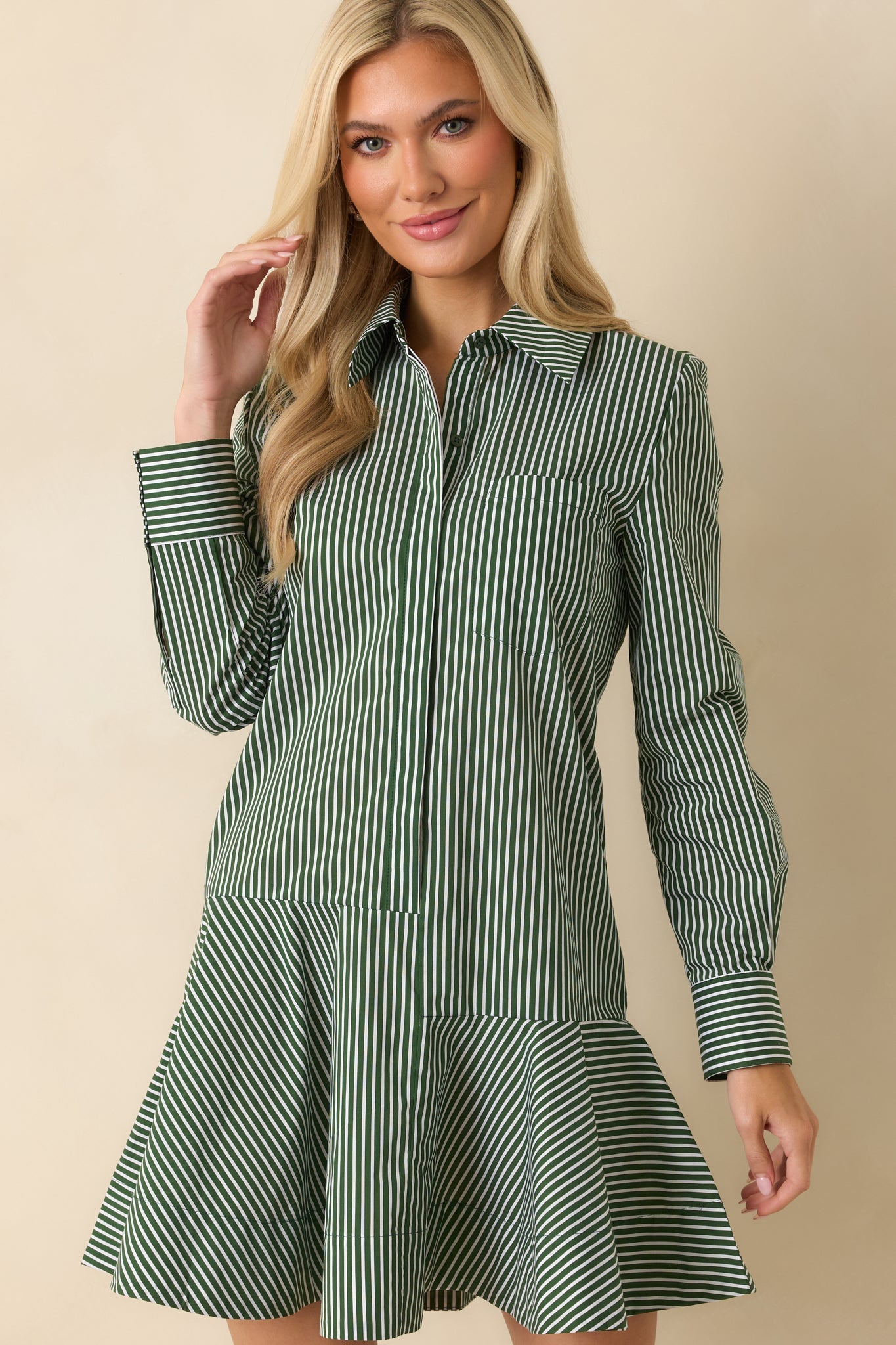 Perfectly Aligned Dark Olive Stripe Long Sleeve Shirt Dress