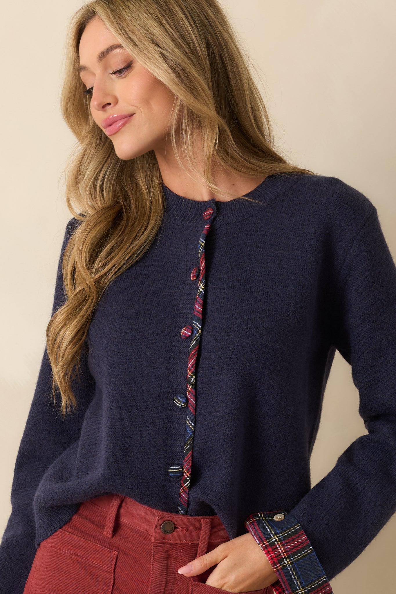 About Time For Change Navy Knit Plaid Trim Button Front Cardigan