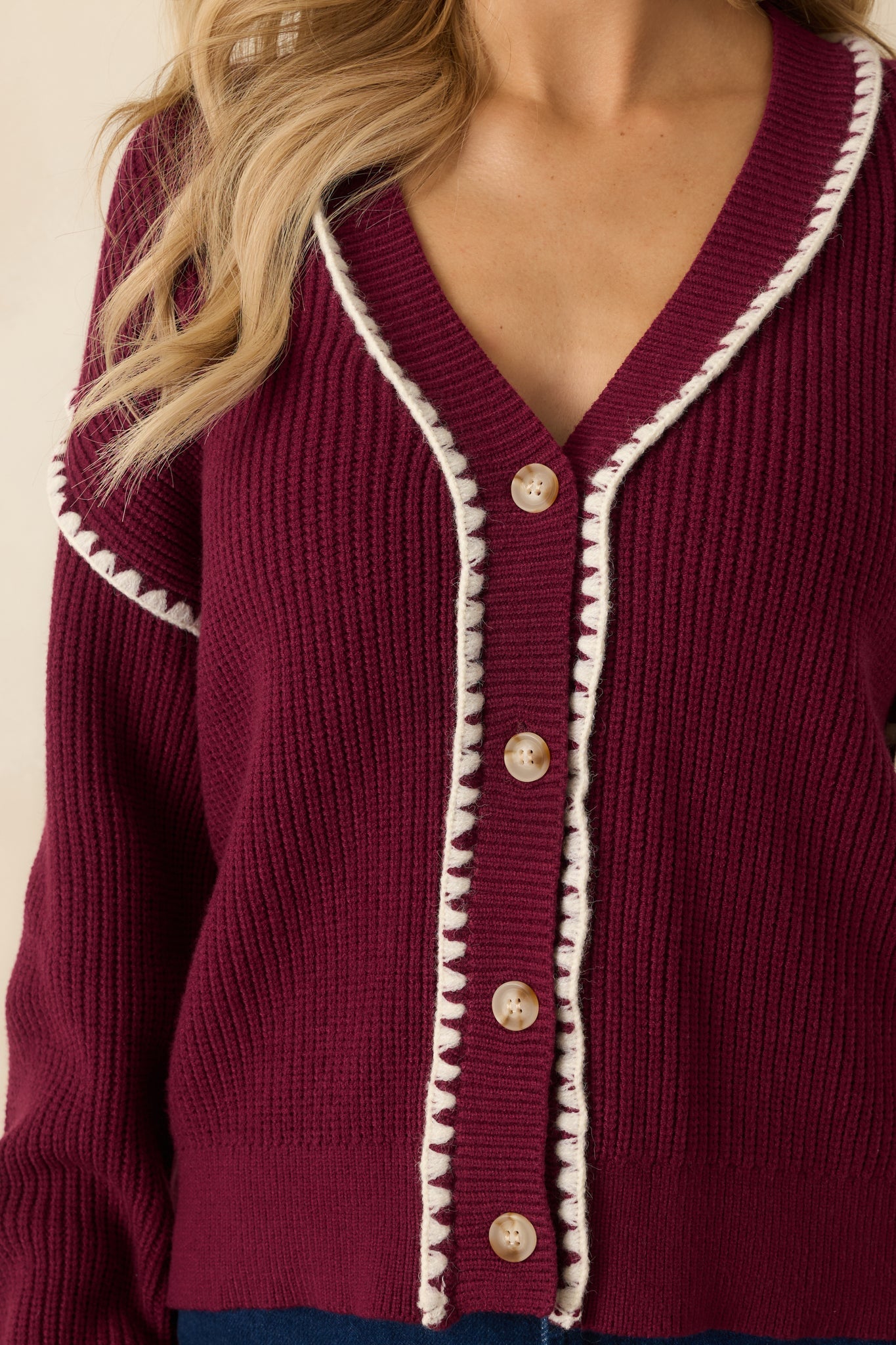 On The Mark Maroon Contrast Trim Knit Button Up Cardigan