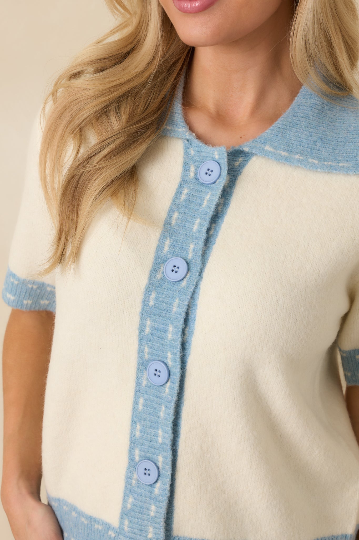 Clubhouse Chic Blue & Ivory Contrast Trim Button-Front Knit Polo Cardigan