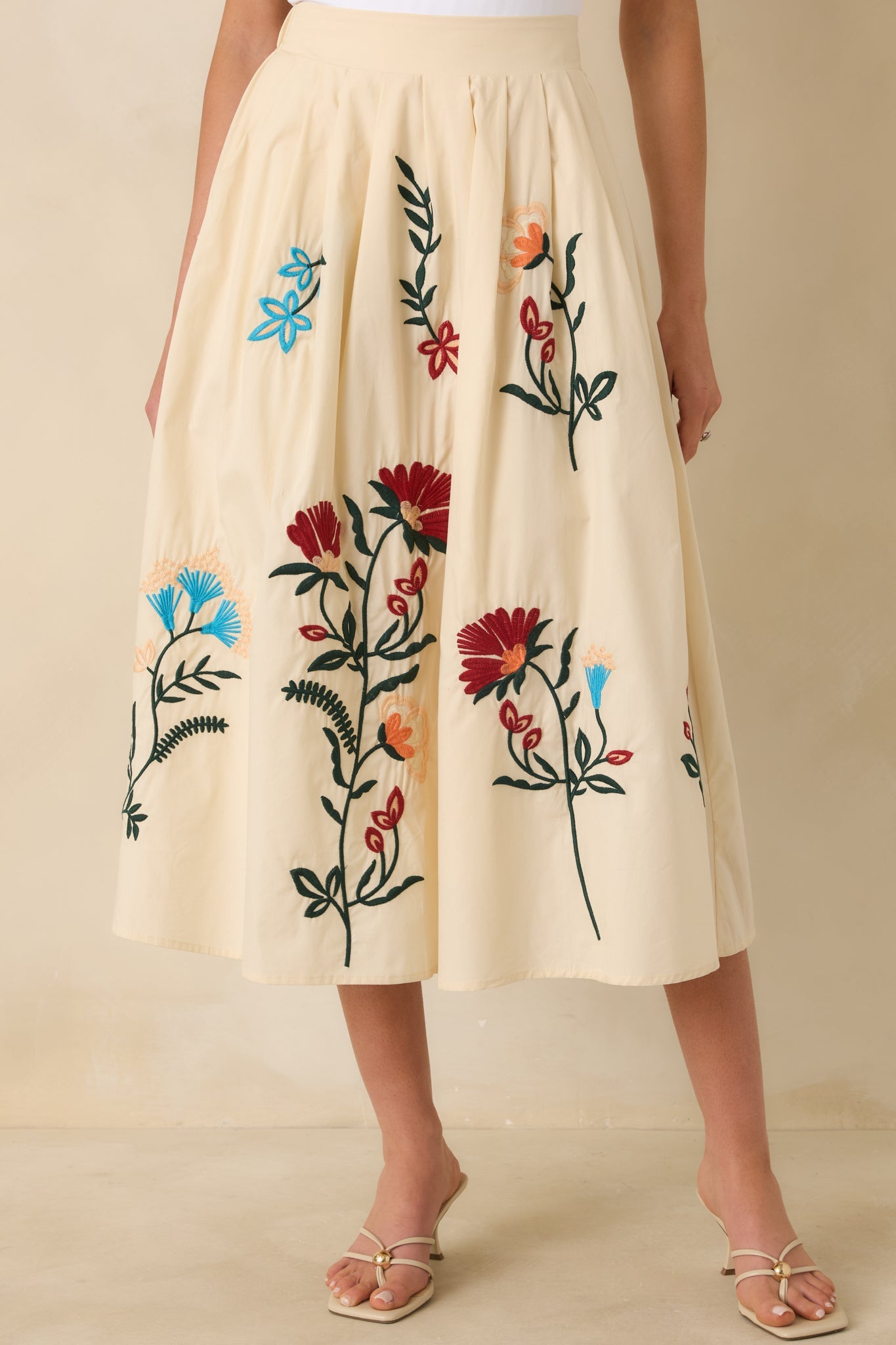 Found Treasures Natural Multi Floral Embroidered Midi Skirt