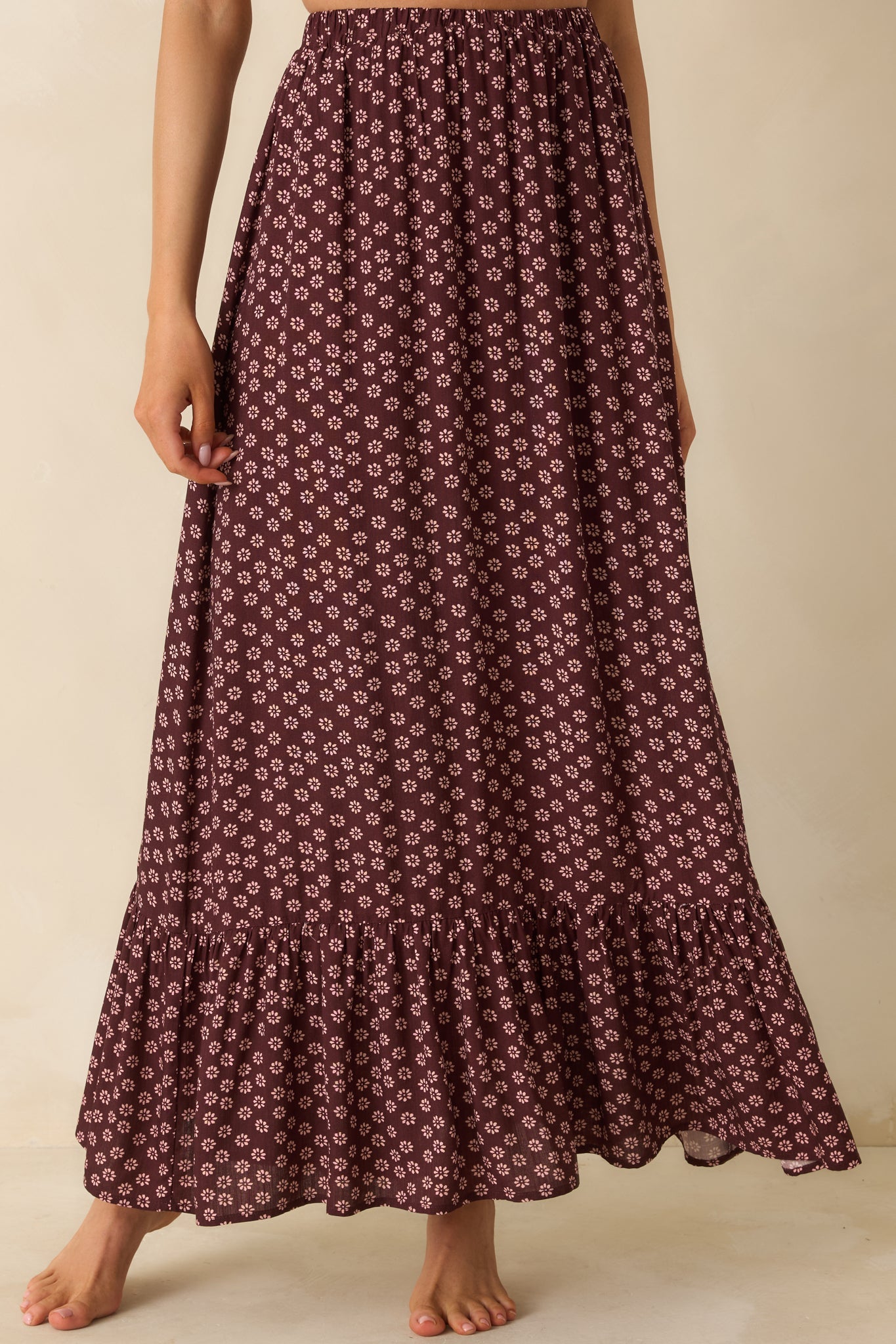 MINKPINK Sierra Burgundy Floral Ruffle Hem Maxi Skirt