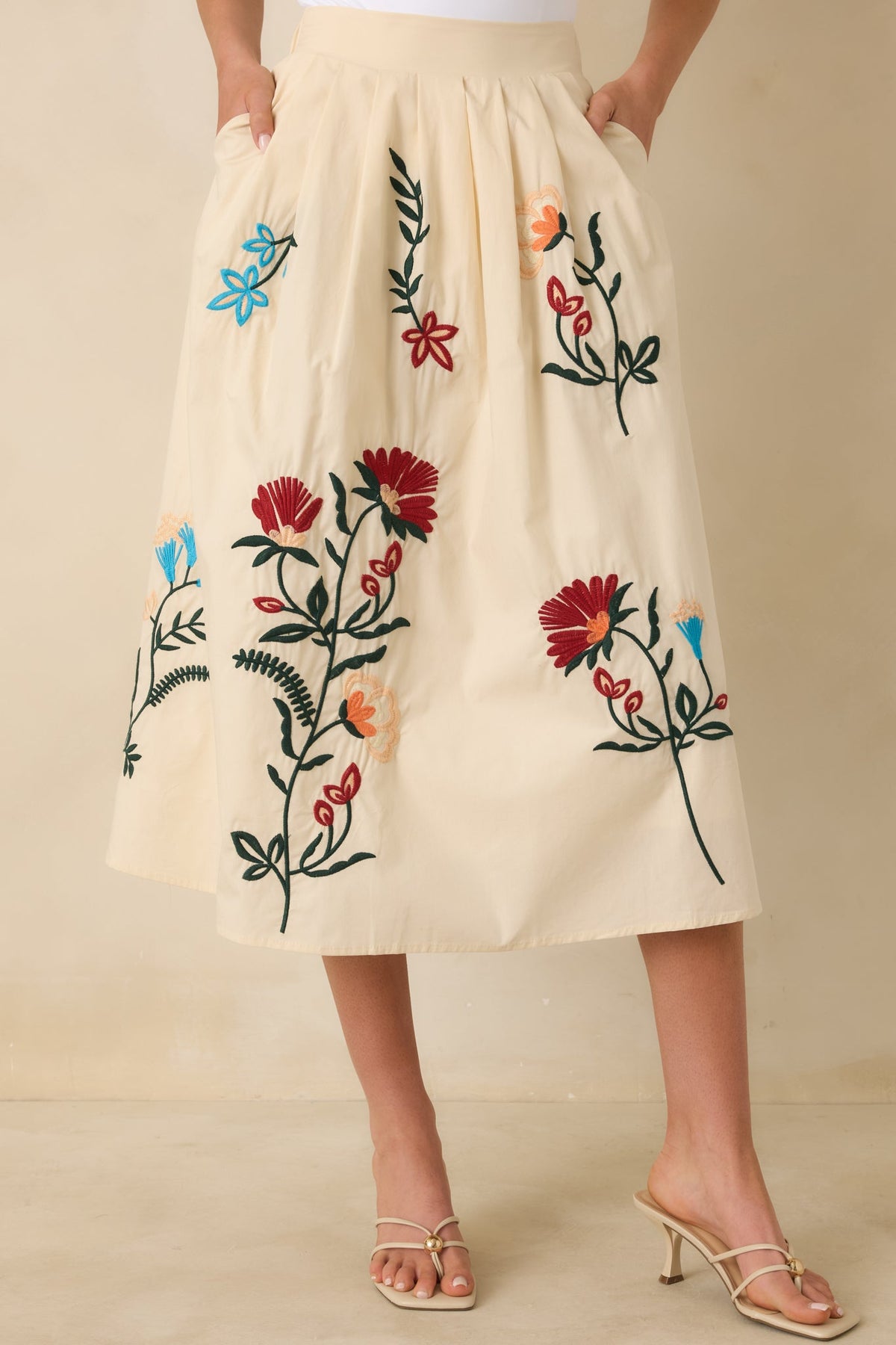 Found Treasures Natural Multi Floral Embroidered Midi Skirt