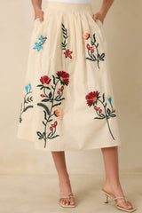 Found Treasures Natural Multi Floral Embroidered Midi Skirt