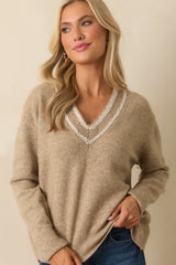 Let's Be Real About It Tan Ribbed Knit V-Neck Sweater