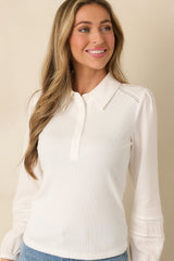 Effortlessly Neat White Ribbed Knit Lace Detail Collared Top