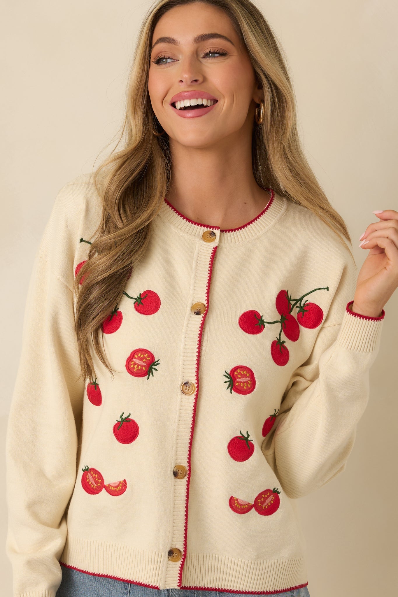 Picked With Love Ivory Multi Knit Cherry Tomato Cardigan