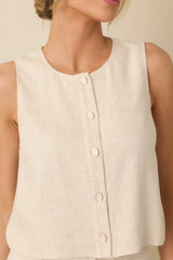 The Right Balance Natural Linen-Blend Sleeveless Button Up Top