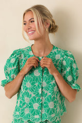 Look At You Green Cotton Floral Embroidered Button Front Top