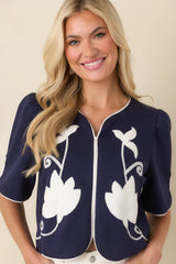 Midnight Magnolia Navy Floral Appliqué Puff Sleeve Top
