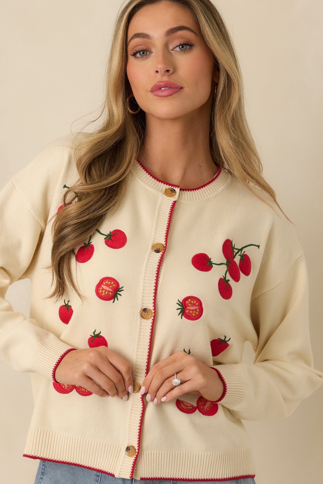 Picked With Love Ivory Multi Knit Cherry Tomato Cardigan