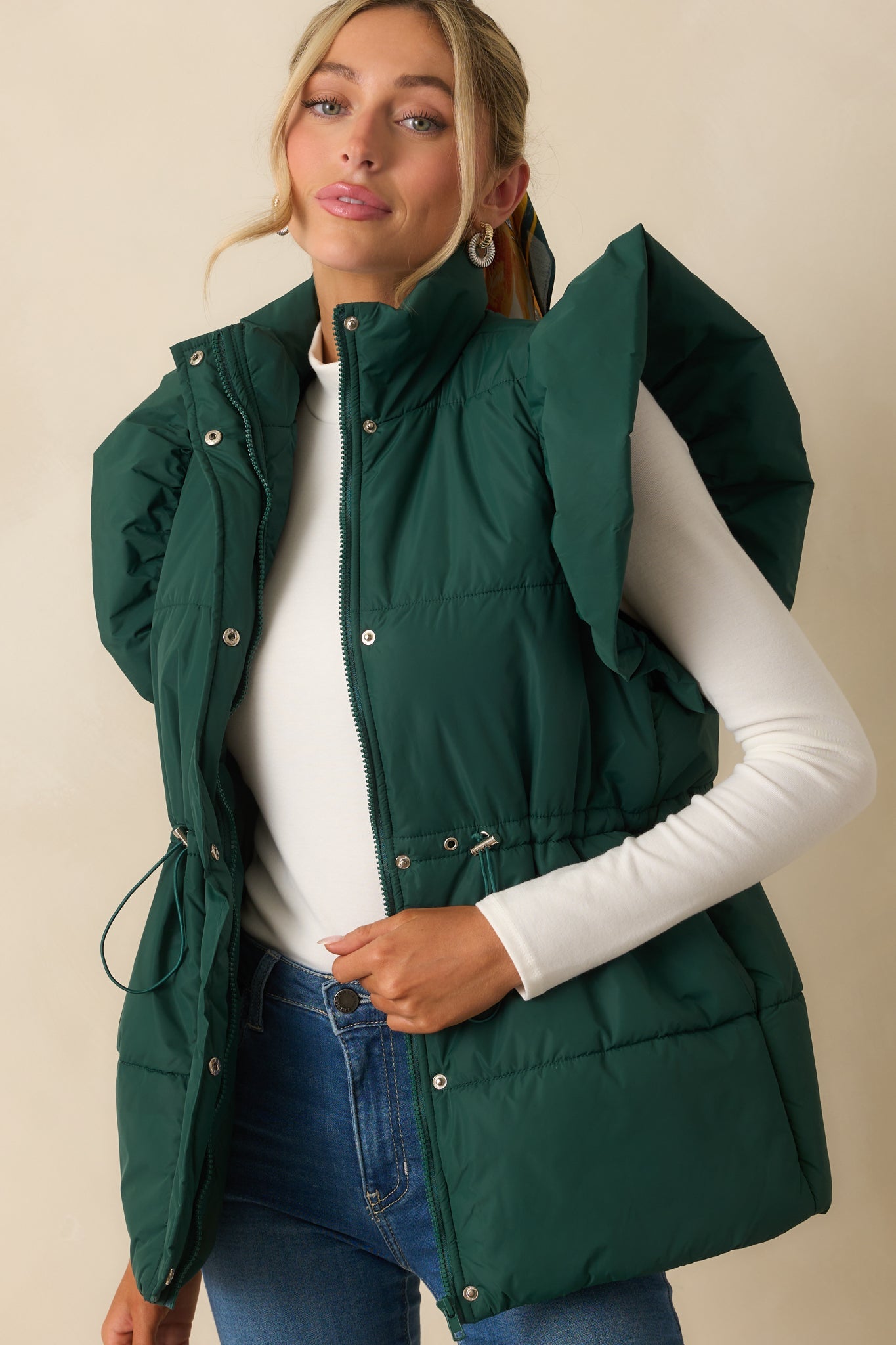Cherry On Top Forest Green Flutter Sleeve Puffer Vest