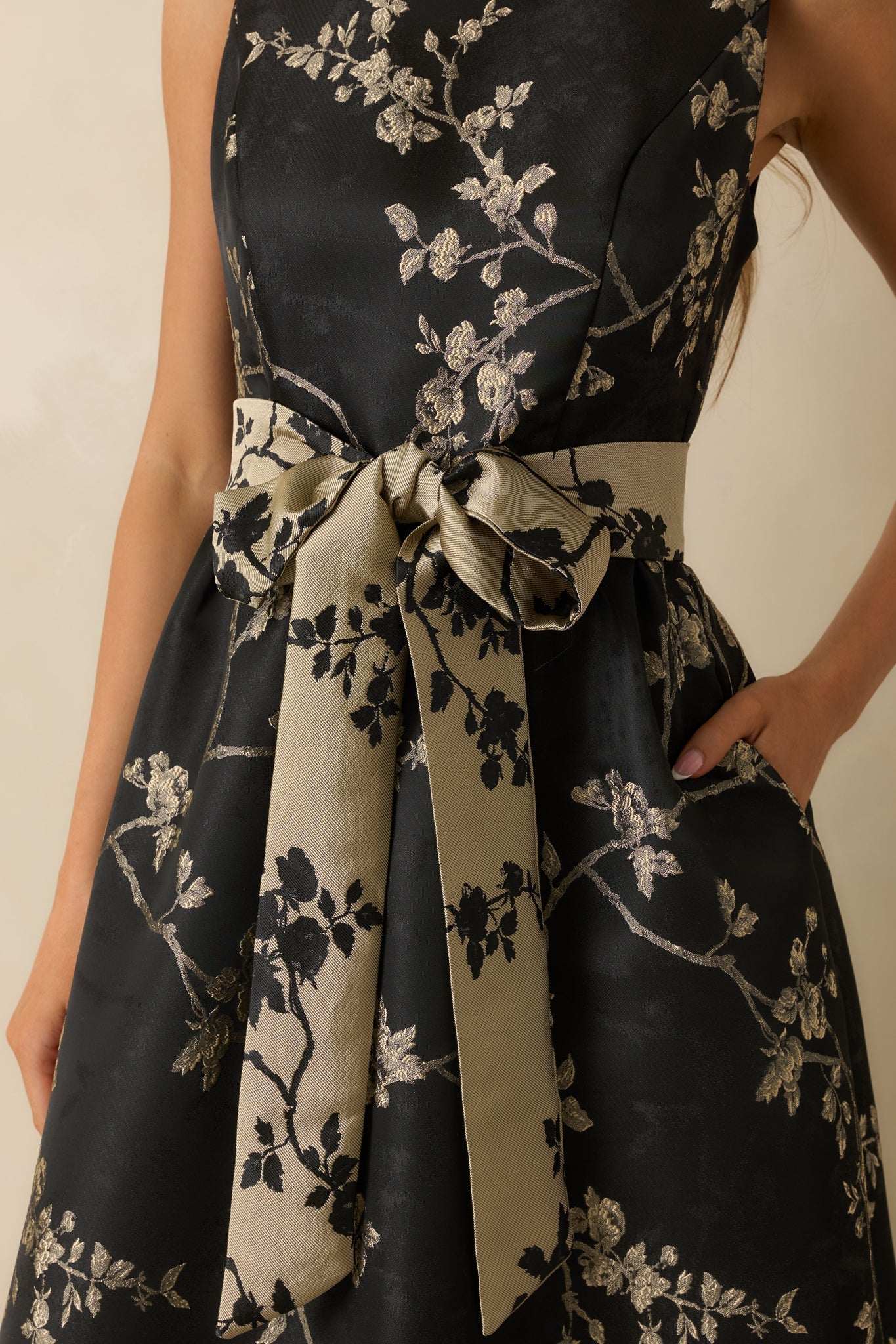 The Way She Blooms Black Floral Jacquard Bow Belt Maxi Dress