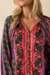 In Her Own Way Dark Teal Multi Patchwork Print Cotton Blouse