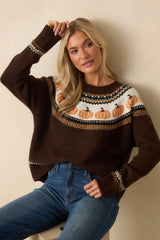 Gourd Times Ahead Dark Brown Knit Pumpkin Sweater