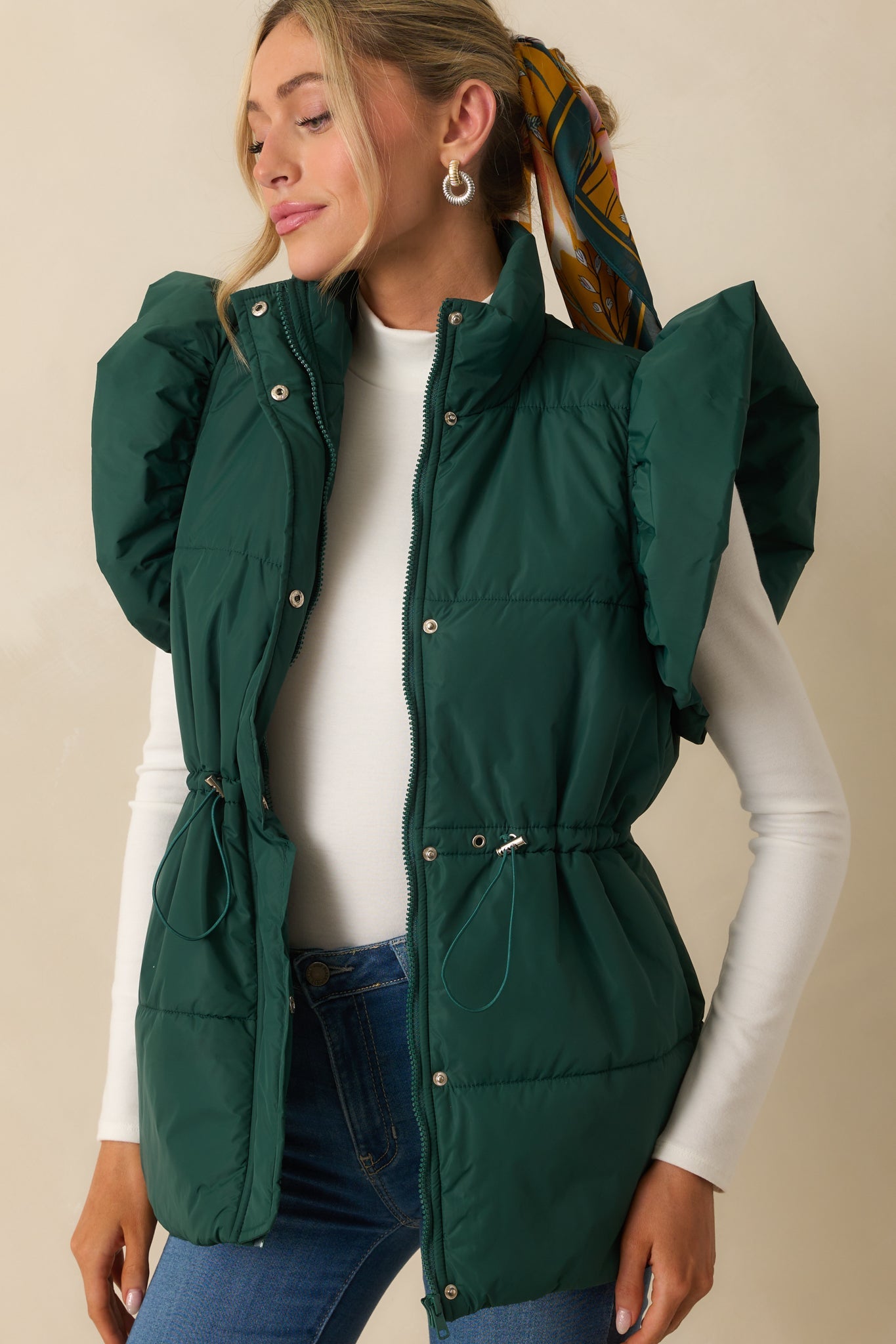 Cherry On Top Forest Green Flutter Sleeve Puffer Vest