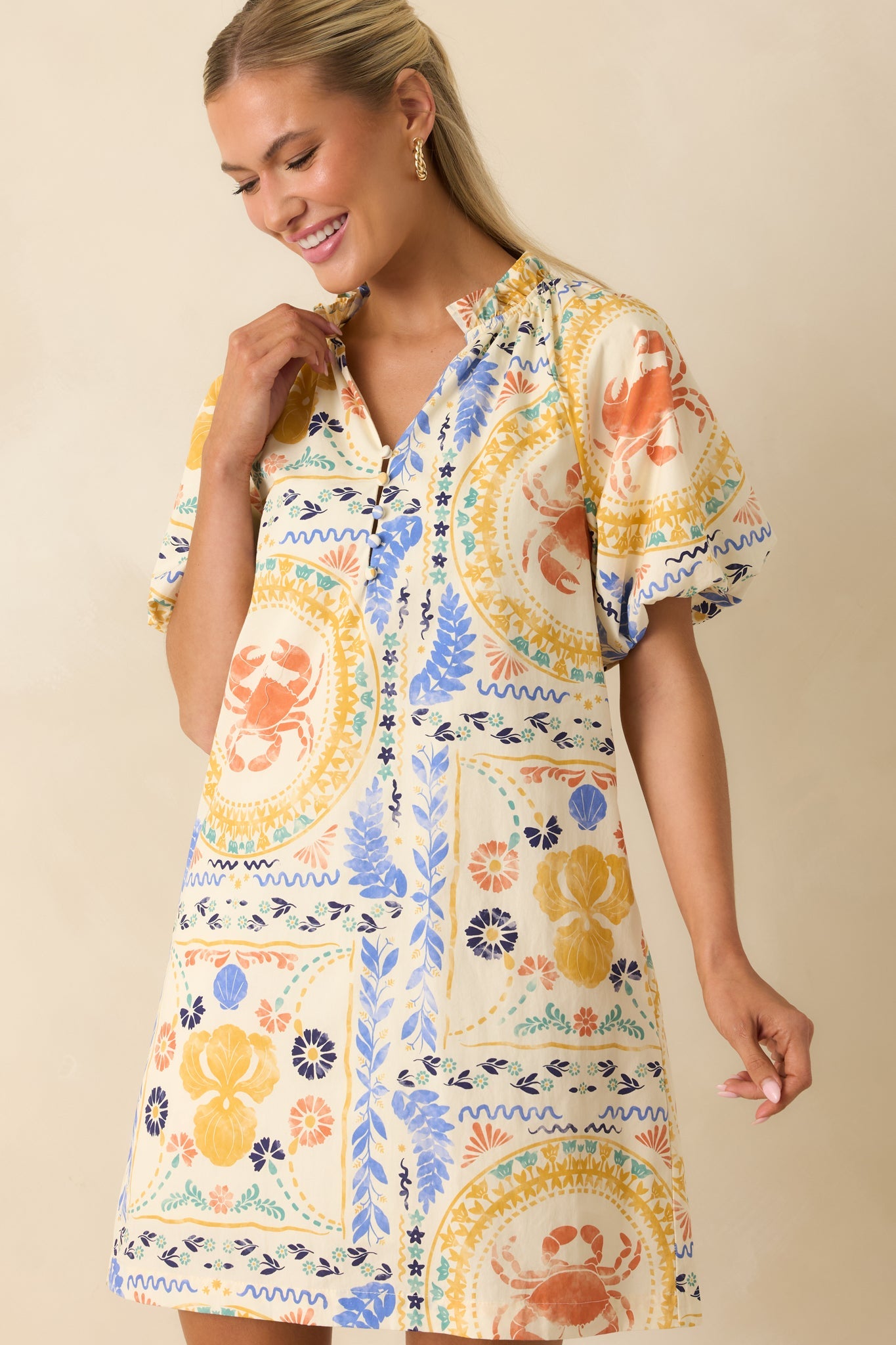 Prosperina Sasha Multi Cotton Coastal Print Mini Shift Dress