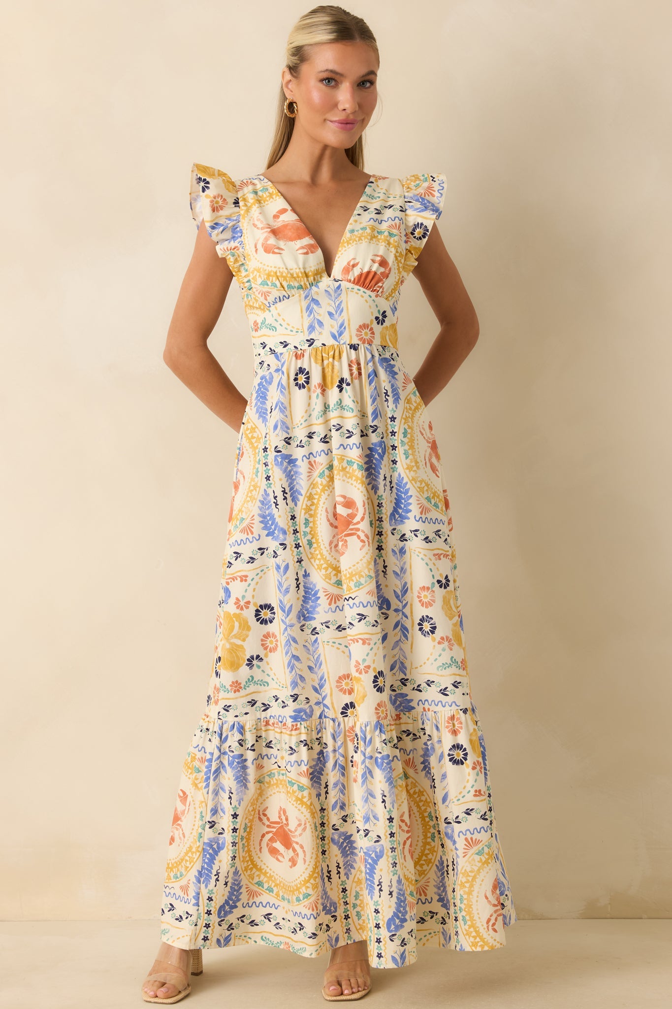 Prosperina Marjorie Multi Coastal Print V-Neck Maxi Dress