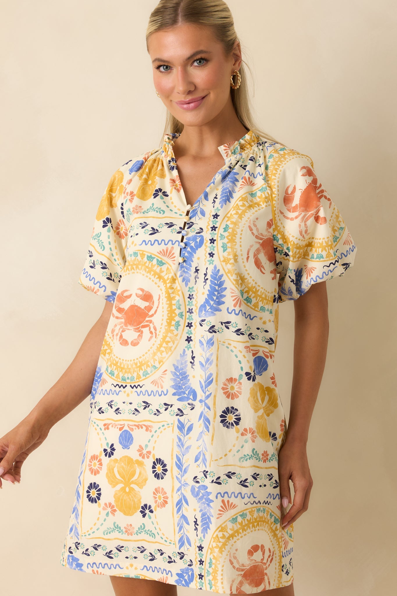 Prosperina Sasha Multi Cotton Coastal Print Mini Shift Dress