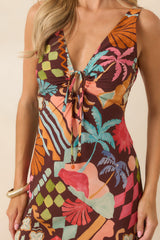 MINKPINK Isola Brown Multi Vintage Coastal Print Keyhole Midi Dress