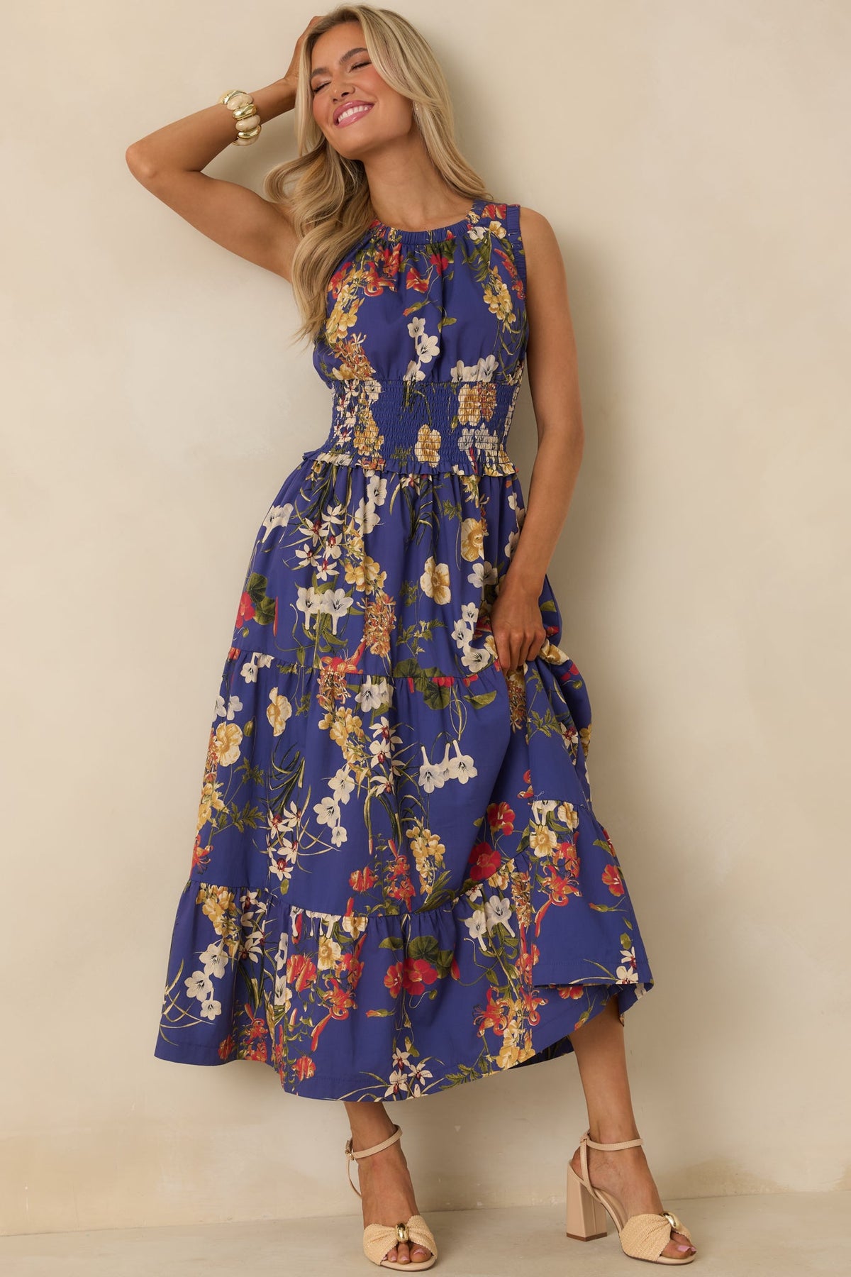 Let's Take a Ride Cobalt Blue Multi Cotton Floral Smocked Sleeveless Maxi Dress